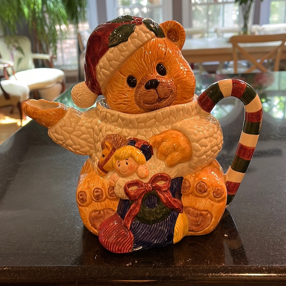 Christmas Teddy Bear Teapot W/tree & Gifts Holiday Ceramic Hand